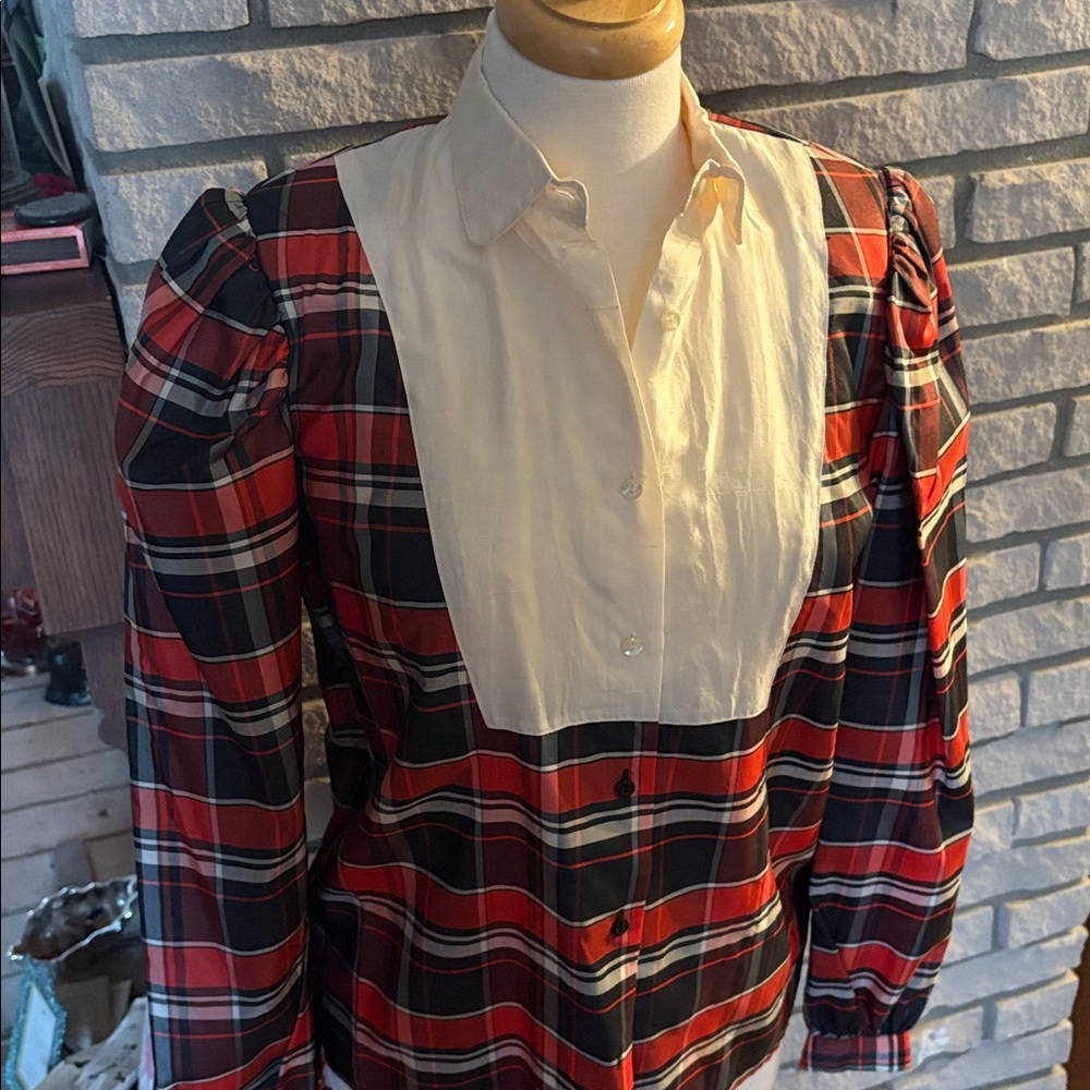 Classic Red and Black Plaid women’s silk taffeta festive blouse. NWOT